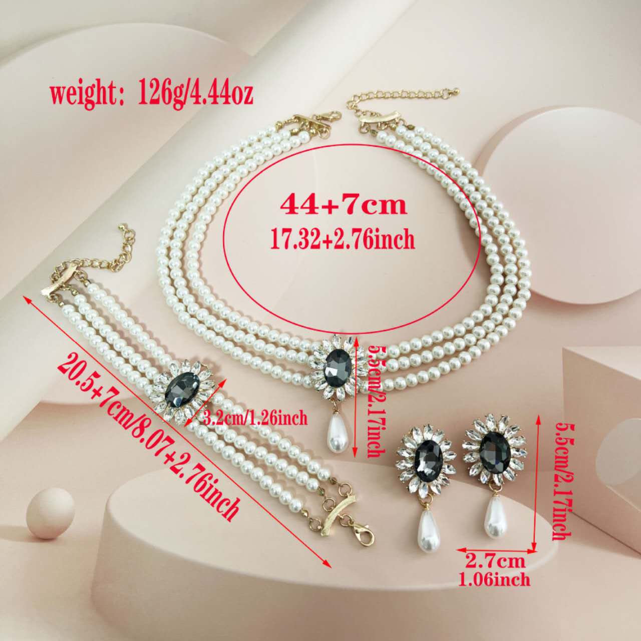 Pearl & Zircon Jewelry Set 2 PCS-Necklace & earrings
