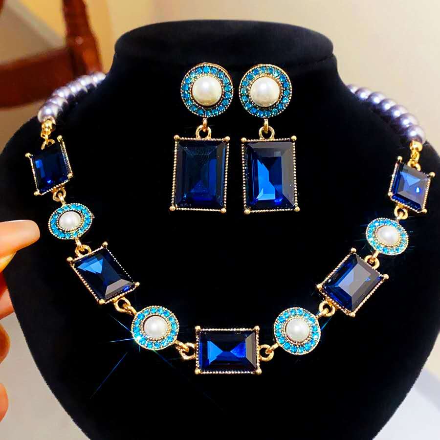 Vintage Blue Stone & Grey Pearl Jewelry Set – Necklace & Drop Earrings