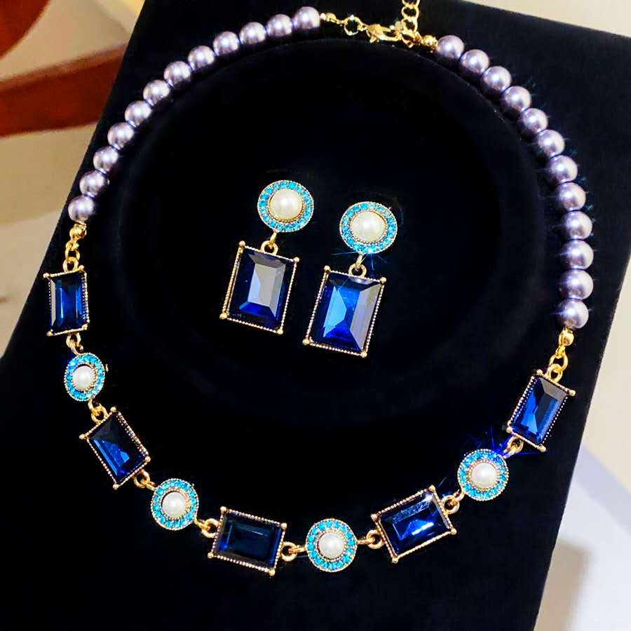 Vintage Blue Stone & Grey Pearl Jewelry Set – Necklace & Drop Earrings