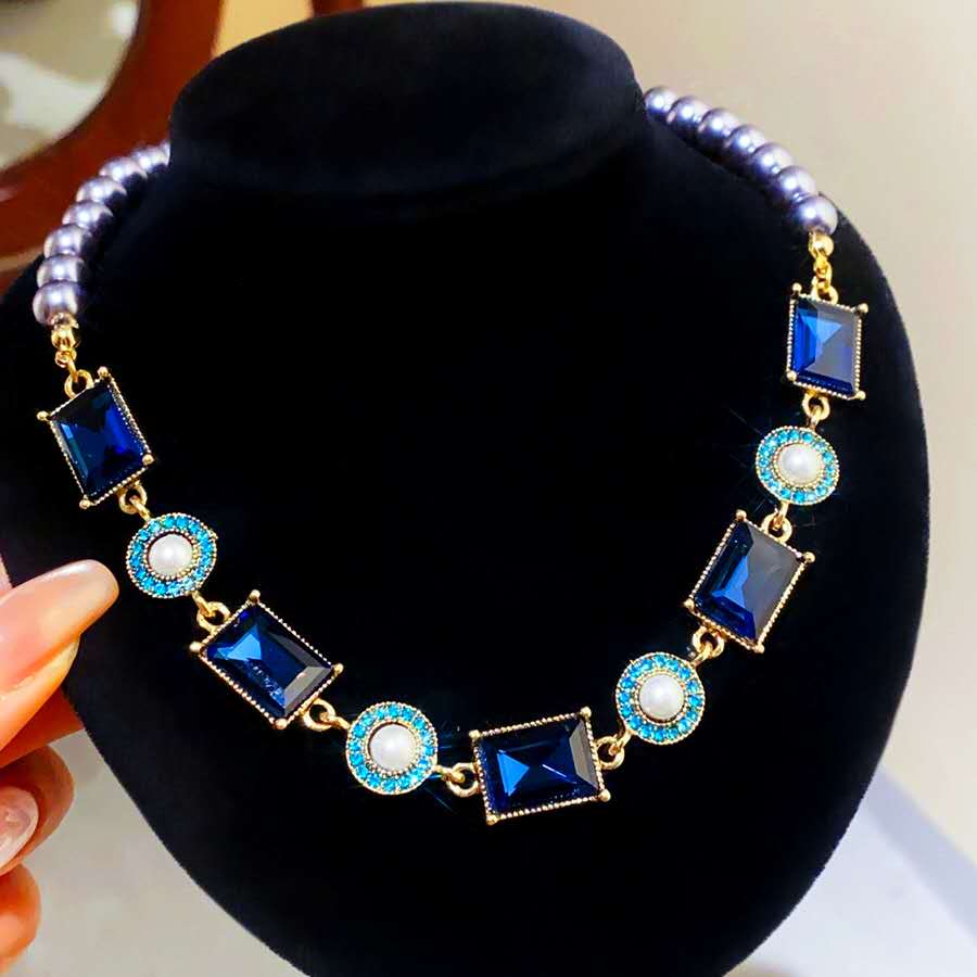 Vintage blue stone and  Pearl Jewelry Set – Necklace & Drop Earrings