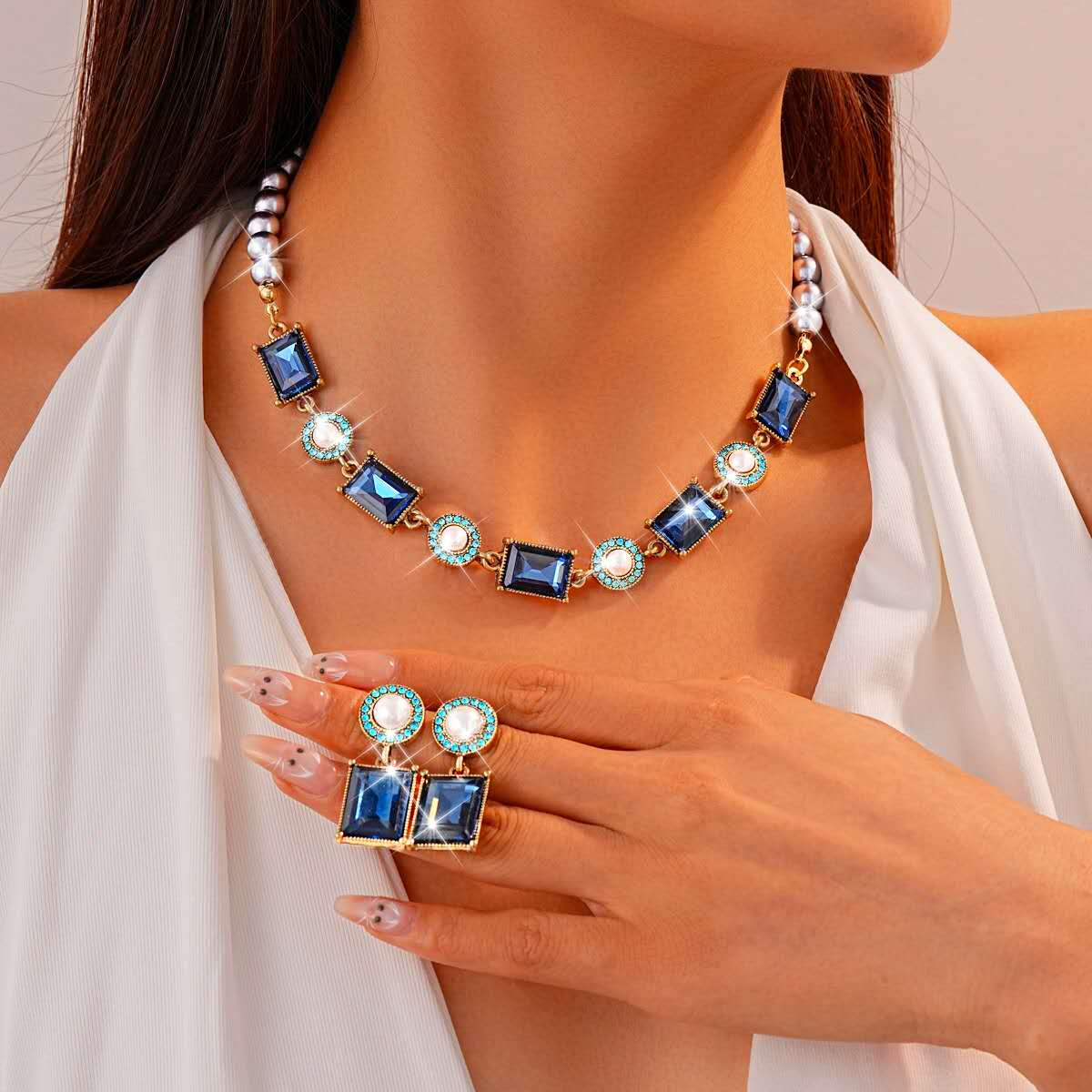Vintage blue stone and  Pearl Jewelry Set – Necklace & Drop Earrings