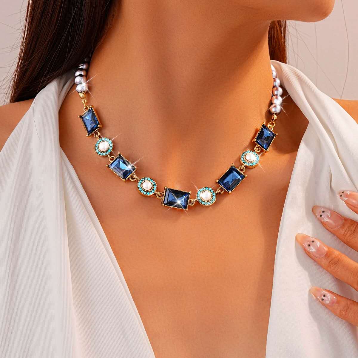 Vintage blue stone and  Pearl Jewelry Set – Necklace & Drop Earrings