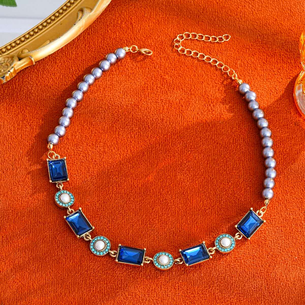 Vintage Blue Stone & Grey Pearl Jewelry Set – Necklace & Drop Earrings