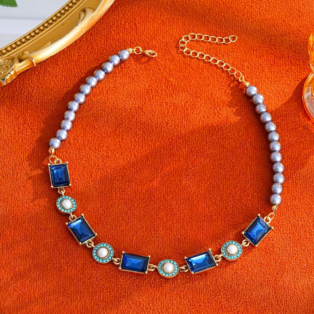 Vintage blue stone and  Pearl Jewelry Set – Necklace & Drop Earrings