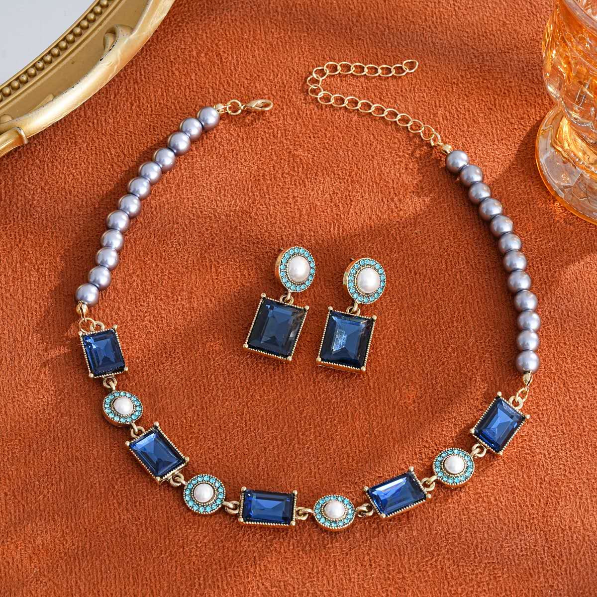 Vintage Blue Stone & Grey Pearl Jewelry Set – Necklace & Drop Earrings