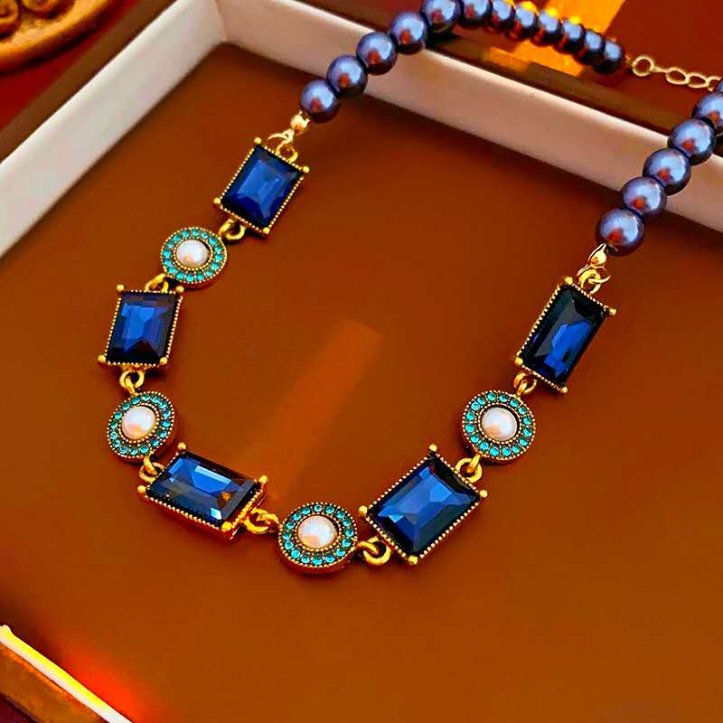 Vintage blue stone and  Pearl Jewelry Set – Necklace & Drop Earrings