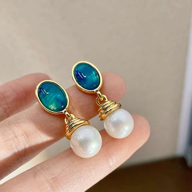 Vintage Teal Enamel Baroque Faux Pearl Drop Earrings Gold Plated Hypoallergenic Women Elegant Daily Party Jewelry