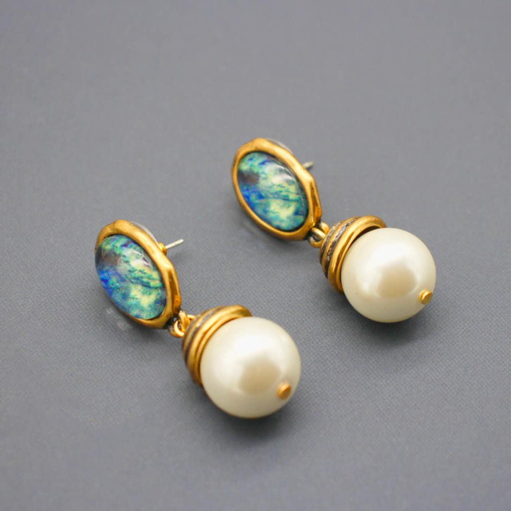 Vintage Teal Enamel Baroque Faux Pearl Drop Earrings Gold Plated Hypoallergenic Women Elegant Daily Party Jewelry