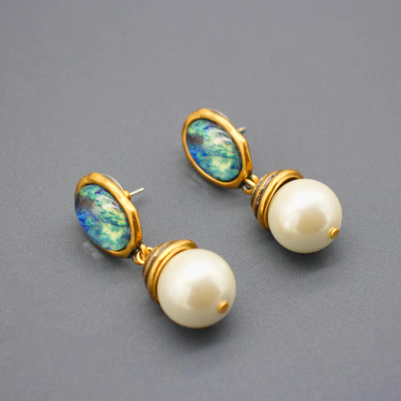 Vintage Teal Enamel Baroque Faux Pearl Drop Earrings Gold Plated Hypoallergenic Women Elegant Daily Party Jewelry