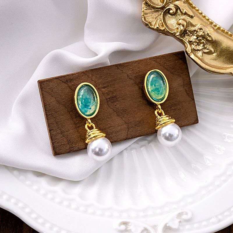 Vintage Teal Enamel Baroque Faux Pearl Drop Earrings Gold Plated Hypoallergenic Women Elegant Daily Party Jewelry