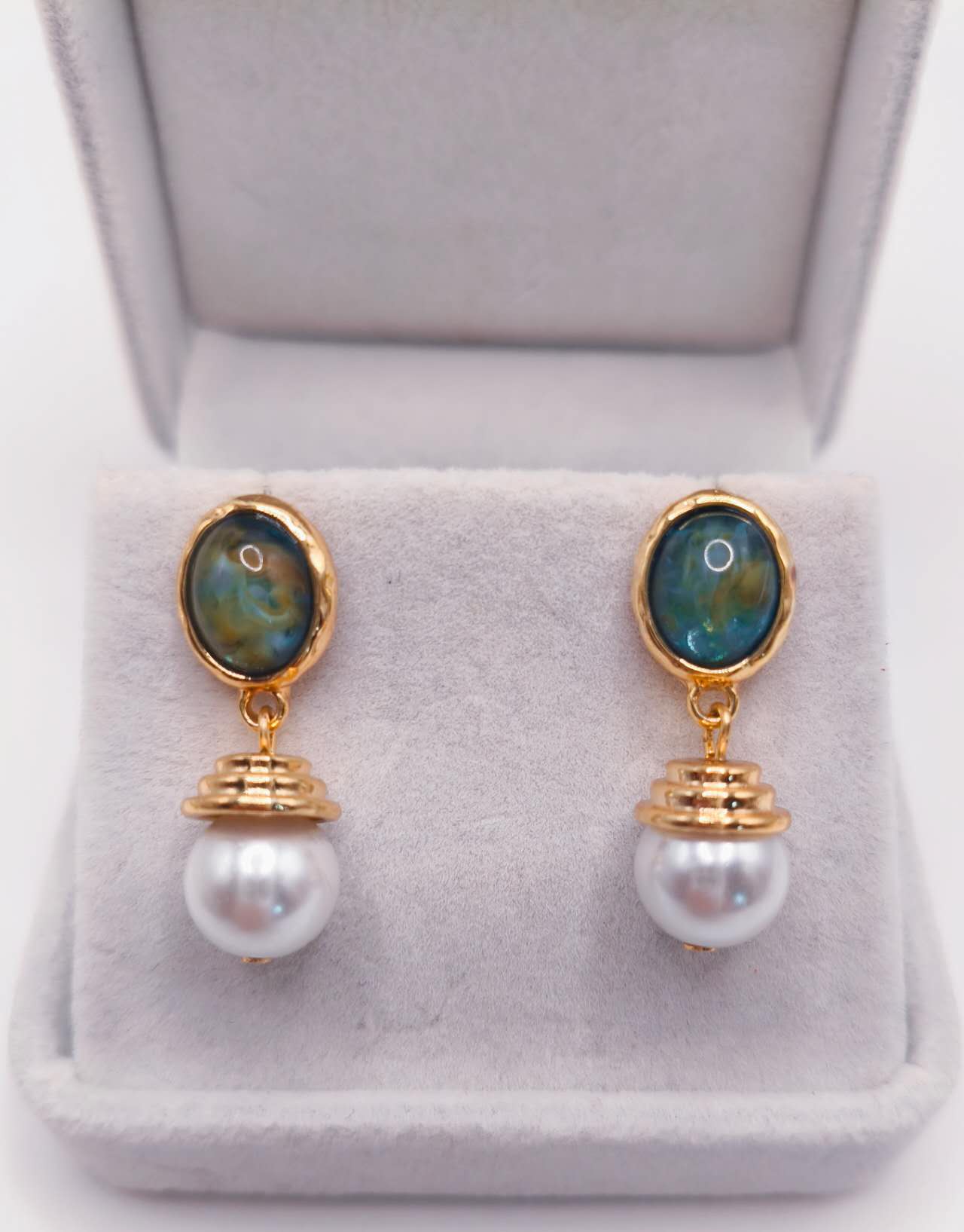 Vintage Teal Enamel Baroque Faux Pearl Drop Earrings Gold Plated Hypoallergenic Women Elegant Daily Party Jewelry