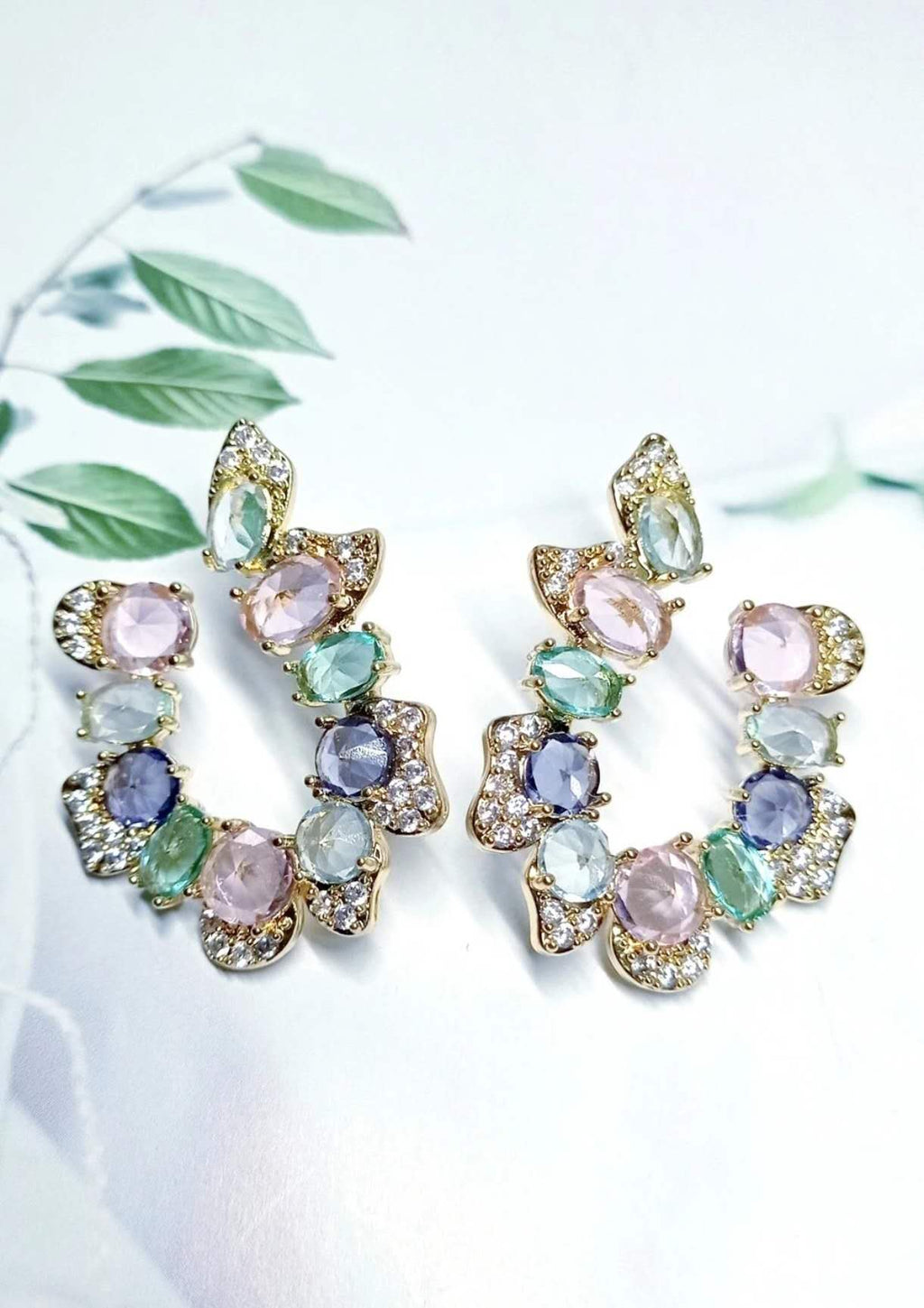 Colorful Multicolor Cubic Zirconia C Shape Hoop Earrings 925 Silver Pin Gold Plated Hypoallergenic Women Party Jewelry