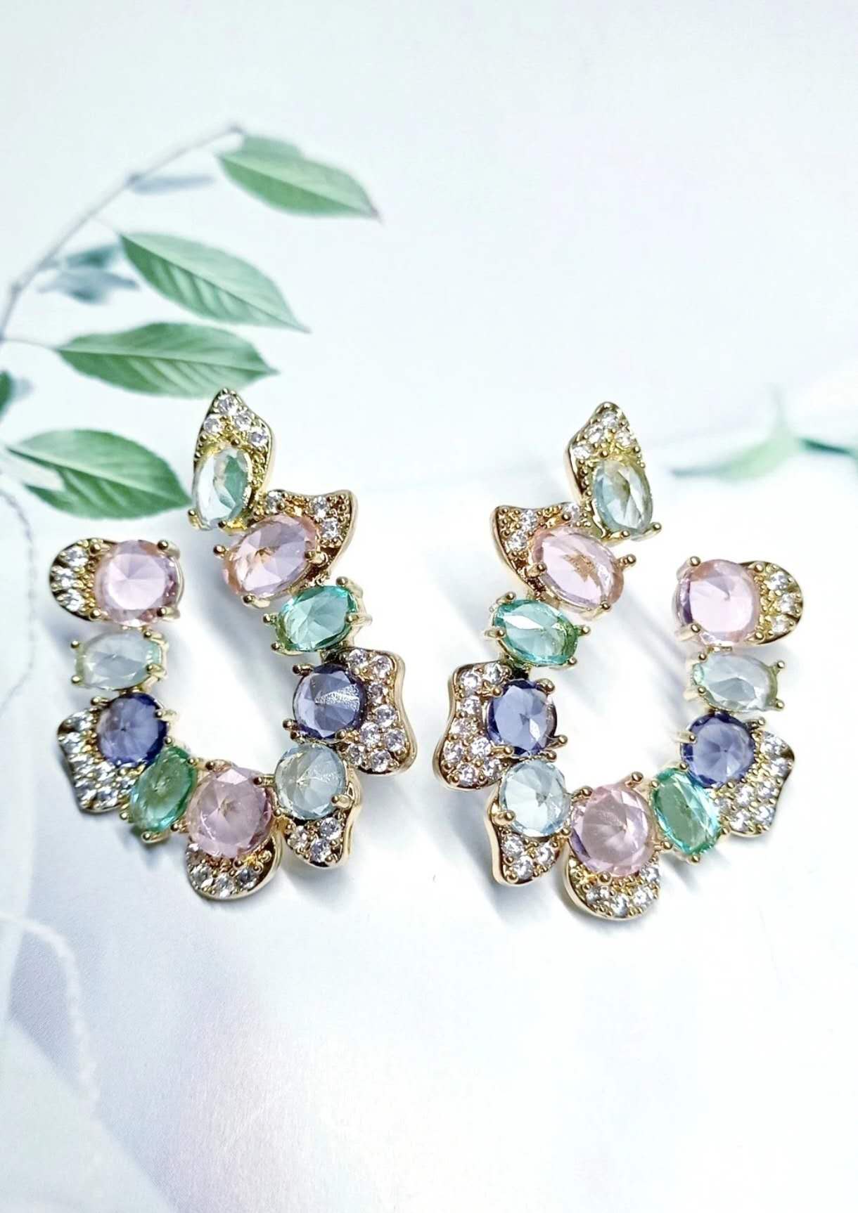 Colorful Multicolor Cubic Zirconia C Shape Hoop Earrings 925 Silver Pin Gold Plated Hypoallergenic Women Party Jewelry