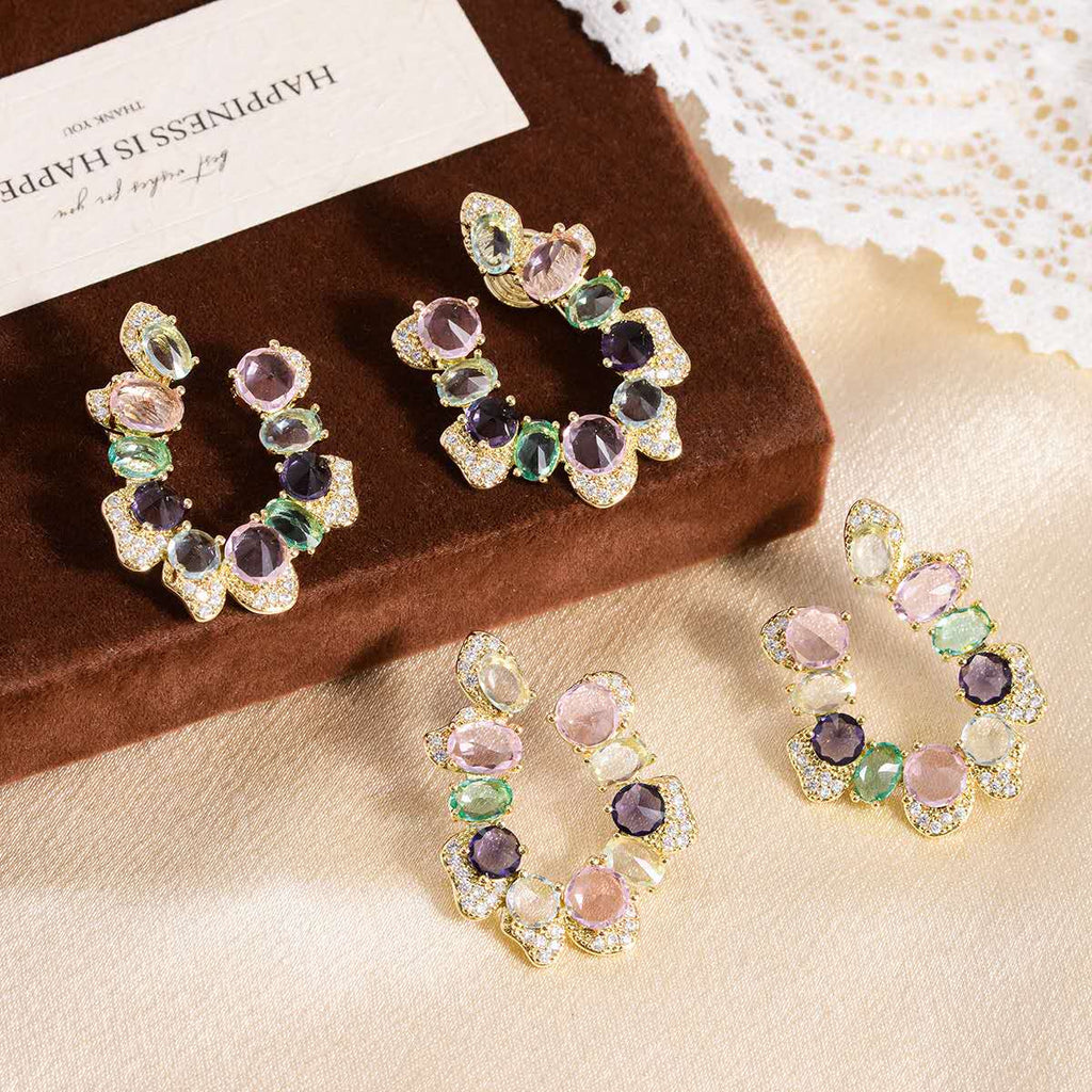 Colorful Multicolor Cubic Zirconia C Shape Hoop Earrings 925 Silver Pin Gold Plated Hypoallergenic Women Party Jewelry