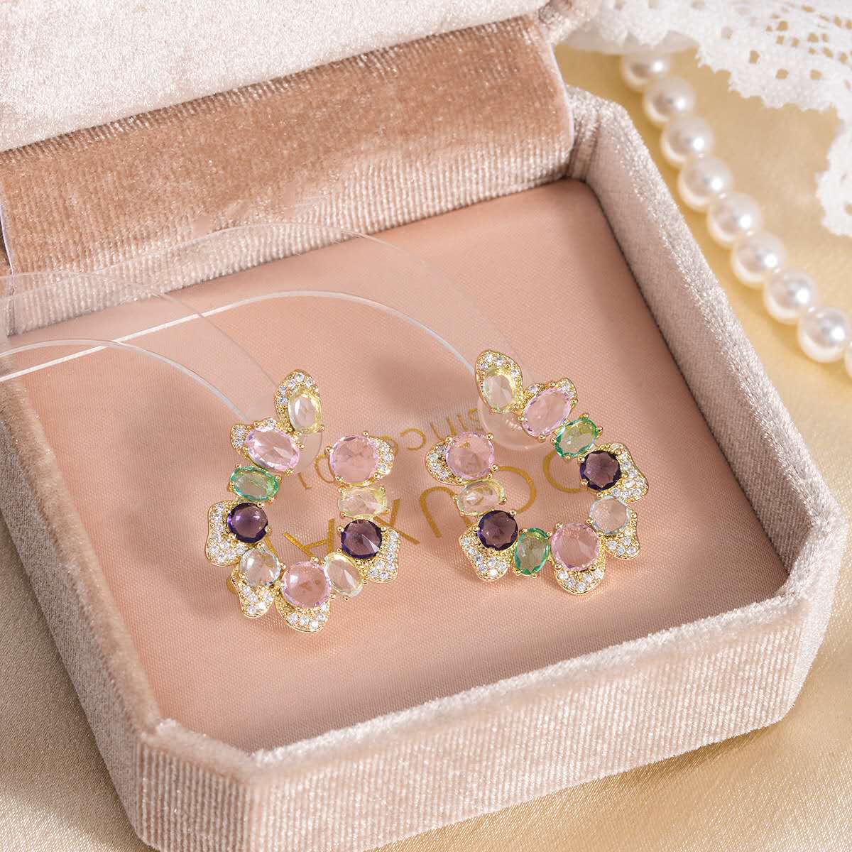 Colorful Multicolor Cubic Zirconia C Shape Hoop Earrings 925 Silver Pin Gold Plated Hypoallergenic Women Party Jewelry