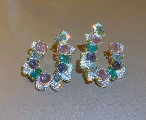 Colorful Multicolor Cubic Zirconia C Shape Hoop Earrings 925 Silver Pin Gold Plated Hypoallergenic Women Party Jewelry