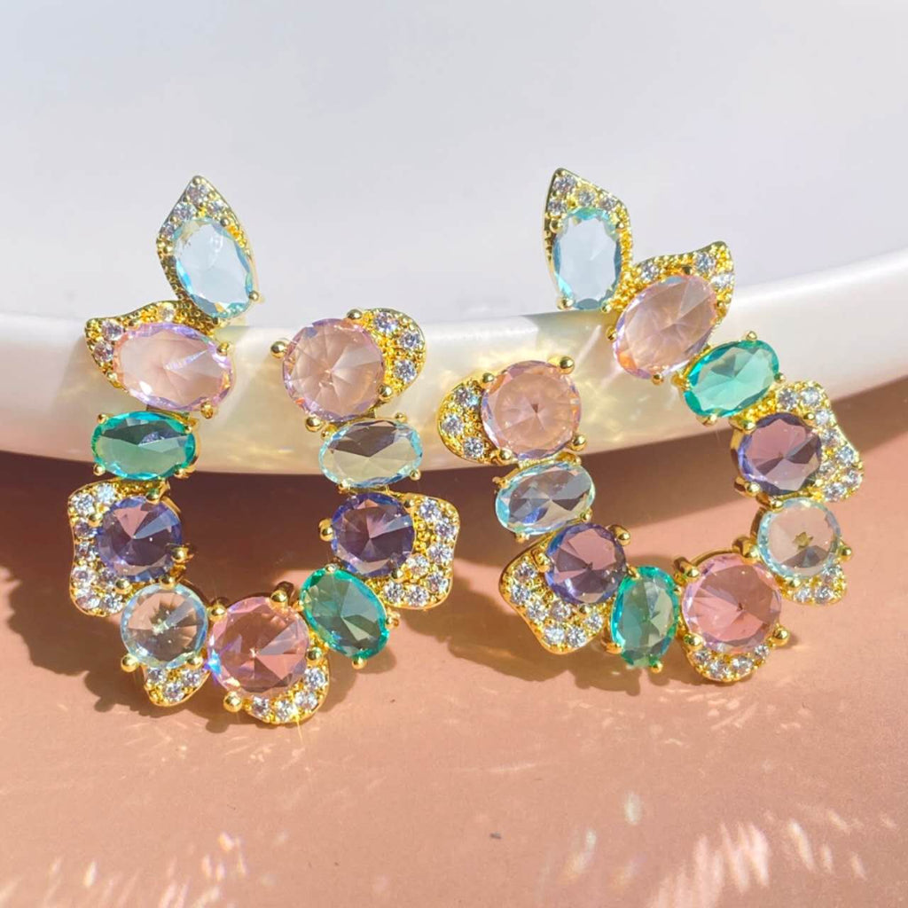 Colorful Multicolor Cubic Zirconia C Shape Hoop Earrings 925 Silver Pin Gold Plated Hypoallergenic Women Party Jewelry