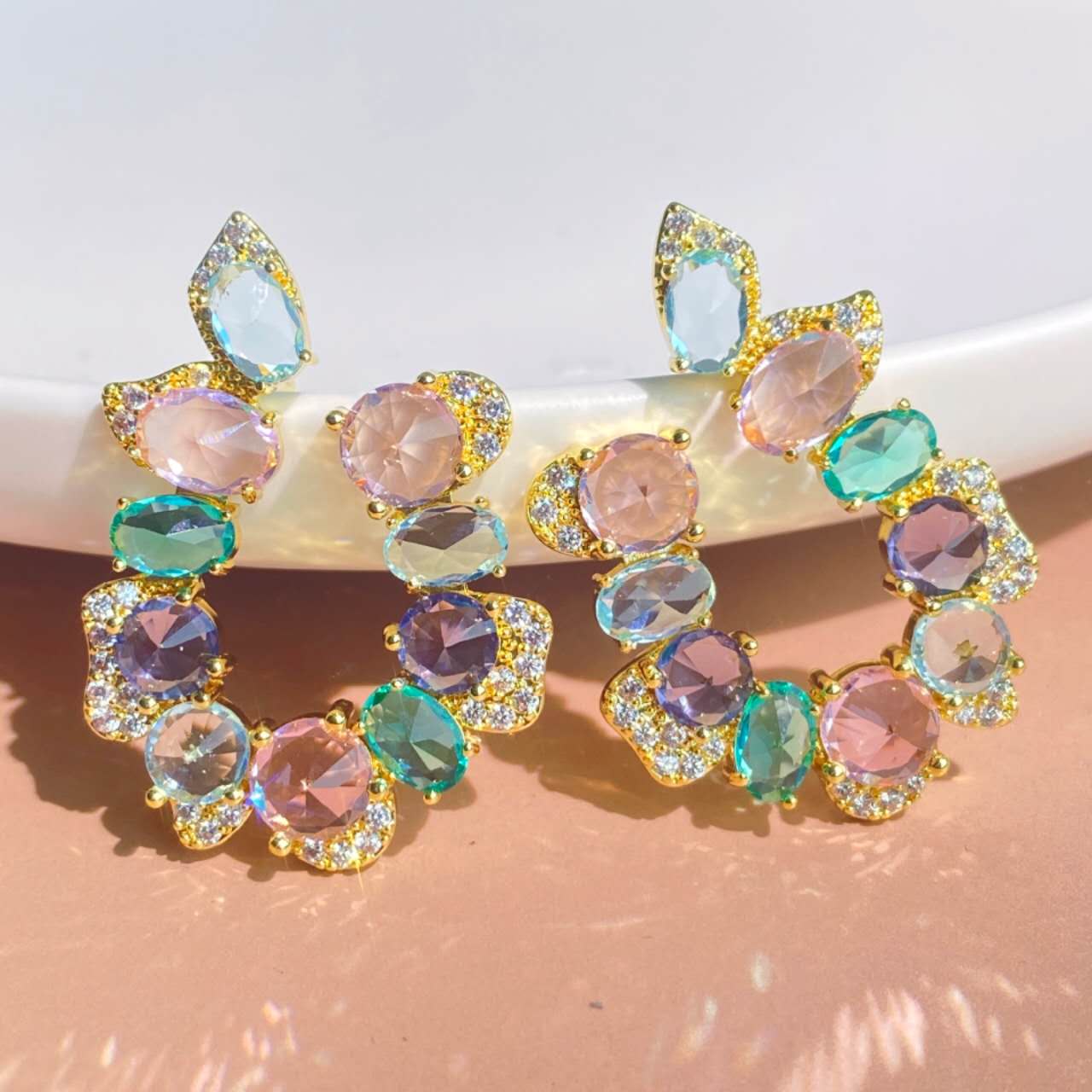 Colorful Multicolor Cubic Zirconia C Shape Hoop Earrings 925 Silver Pin Gold Plated Hypoallergenic Women Party Jewelry