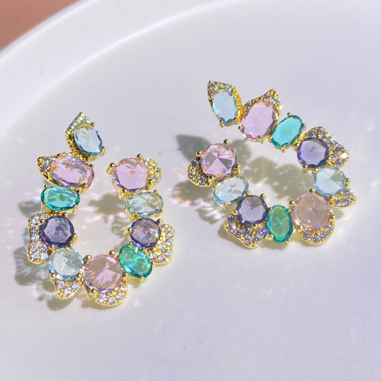Colorful Multicolor Cubic Zirconia C Shape Hoop Earrings 925 Silver Pin Gold Plated Hypoallergenic Women Party Jewelry