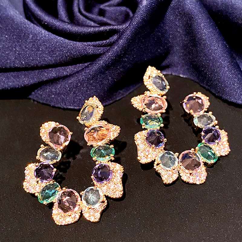 Colorful Multicolor Cubic Zirconia C Shape Hoop Earrings 925 Silver Pin Gold Plated Hypoallergenic Women Party Jewelry