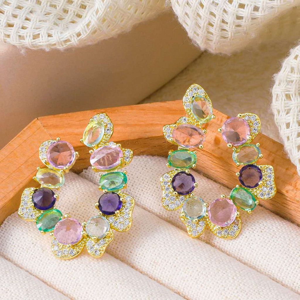 Colorful Multicolor Cubic Zirconia C Shape Hoop Earrings 925 Silver Pin Gold Plated Hypoallergenic Women Party Jewelry