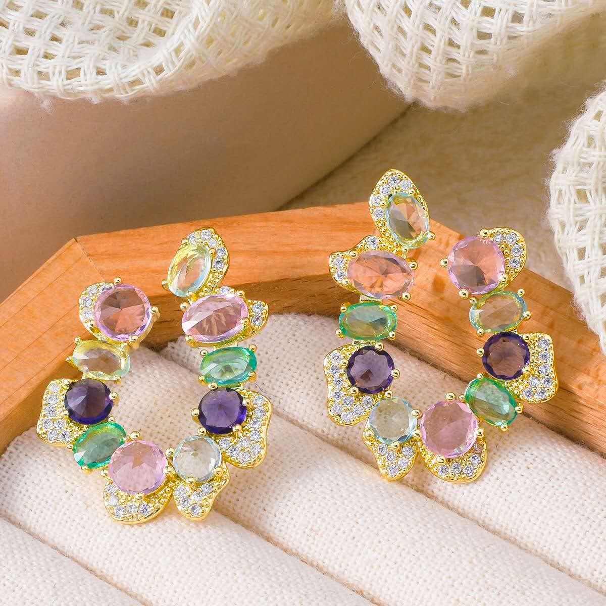 Colorful Multicolor Cubic Zirconia C Shape Hoop Earrings 925 Silver Pin Gold Plated Hypoallergenic Women Party Jewelry