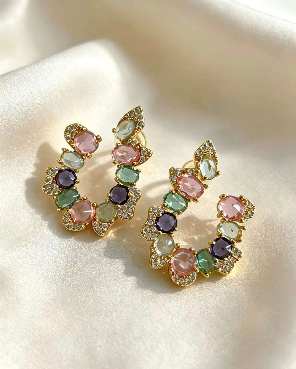 Colorful Multicolor Cubic Zirconia C Shape Hoop Earrings 925 Silver Pin Gold Plated Hypoallergenic Women Party Jewelry