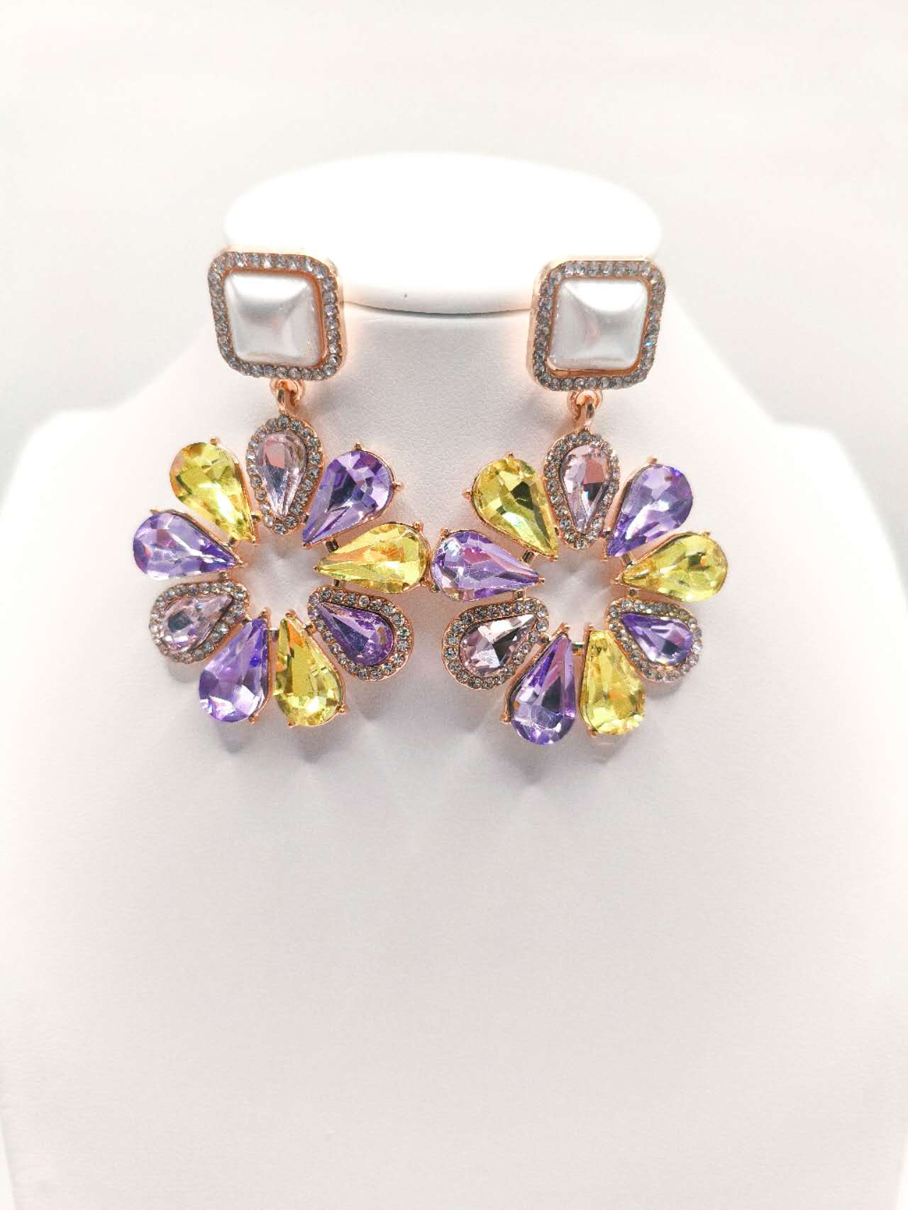2Pcs Multi Layer Pearl Jewelry Set Colorful Cubic Zirconia Flower Statement Necklace Drop Earrings Wedding Bridal Gift