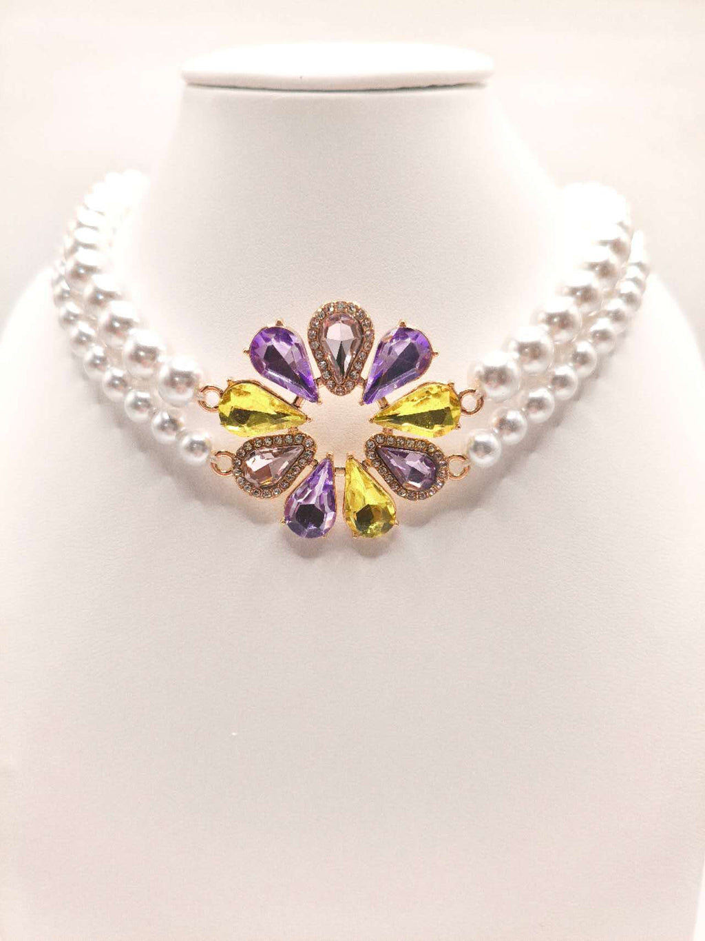 2Pcs Multi Layer Pearl Jewelry Set Colorful Cubic Zirconia Flower Statement Necklace Drop Earrings Wedding Bridal Gift