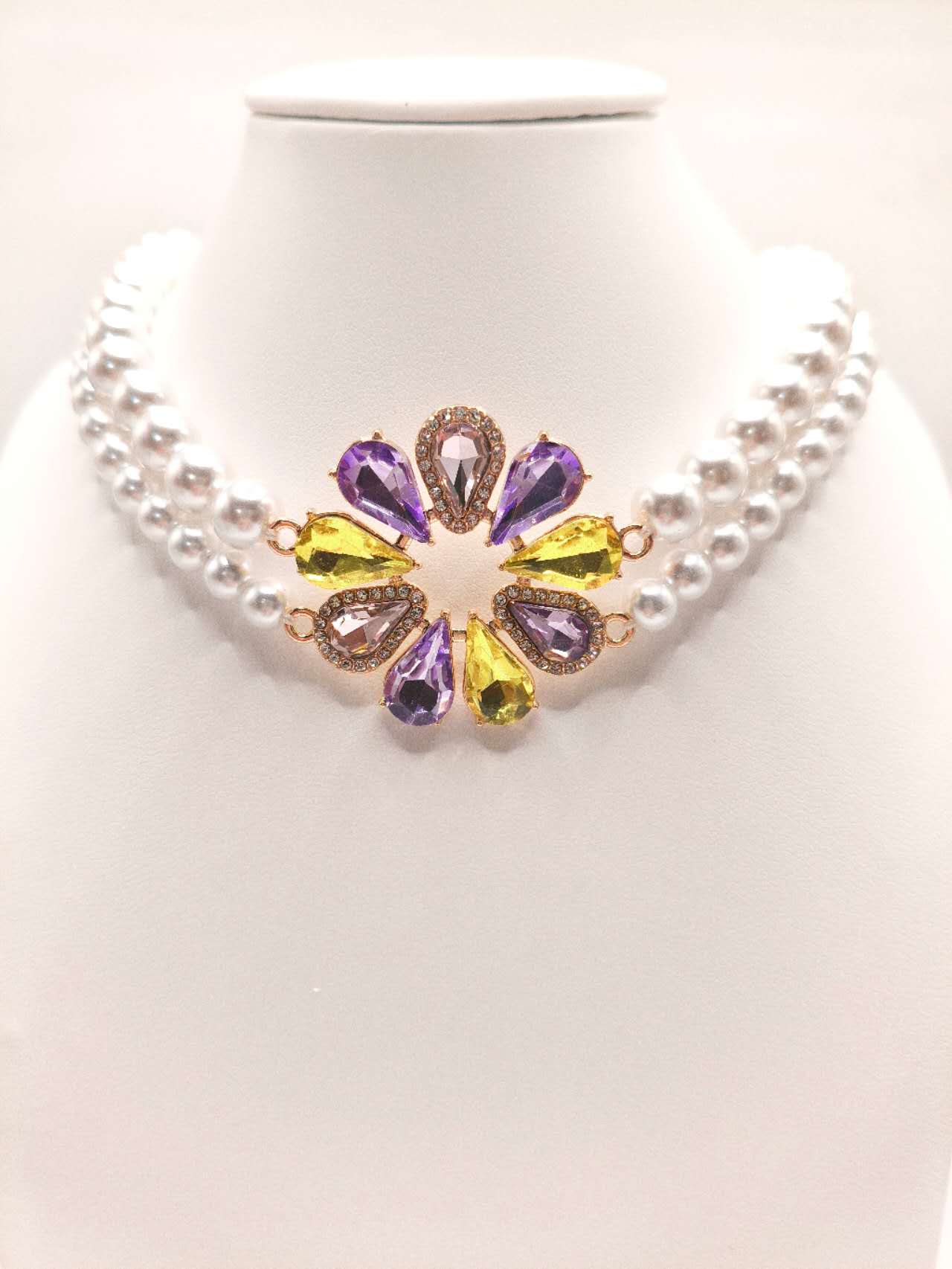 2Pcs Multi Layer Pearl Jewelry Set Colorful Cubic Zirconia Flower Statement Necklace Drop Earrings Wedding Bridal Gift