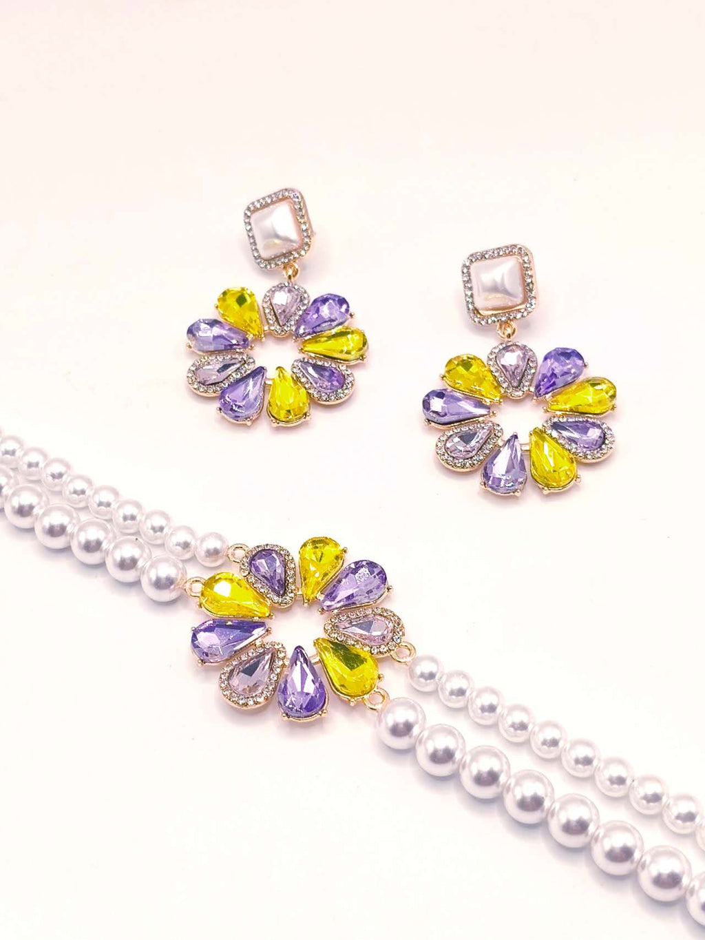 2Pcs Multi Layer Pearl Jewelry Set Colorful Cubic Zirconia Flower Statement Necklace Drop Earrings Wedding Bridal Gift