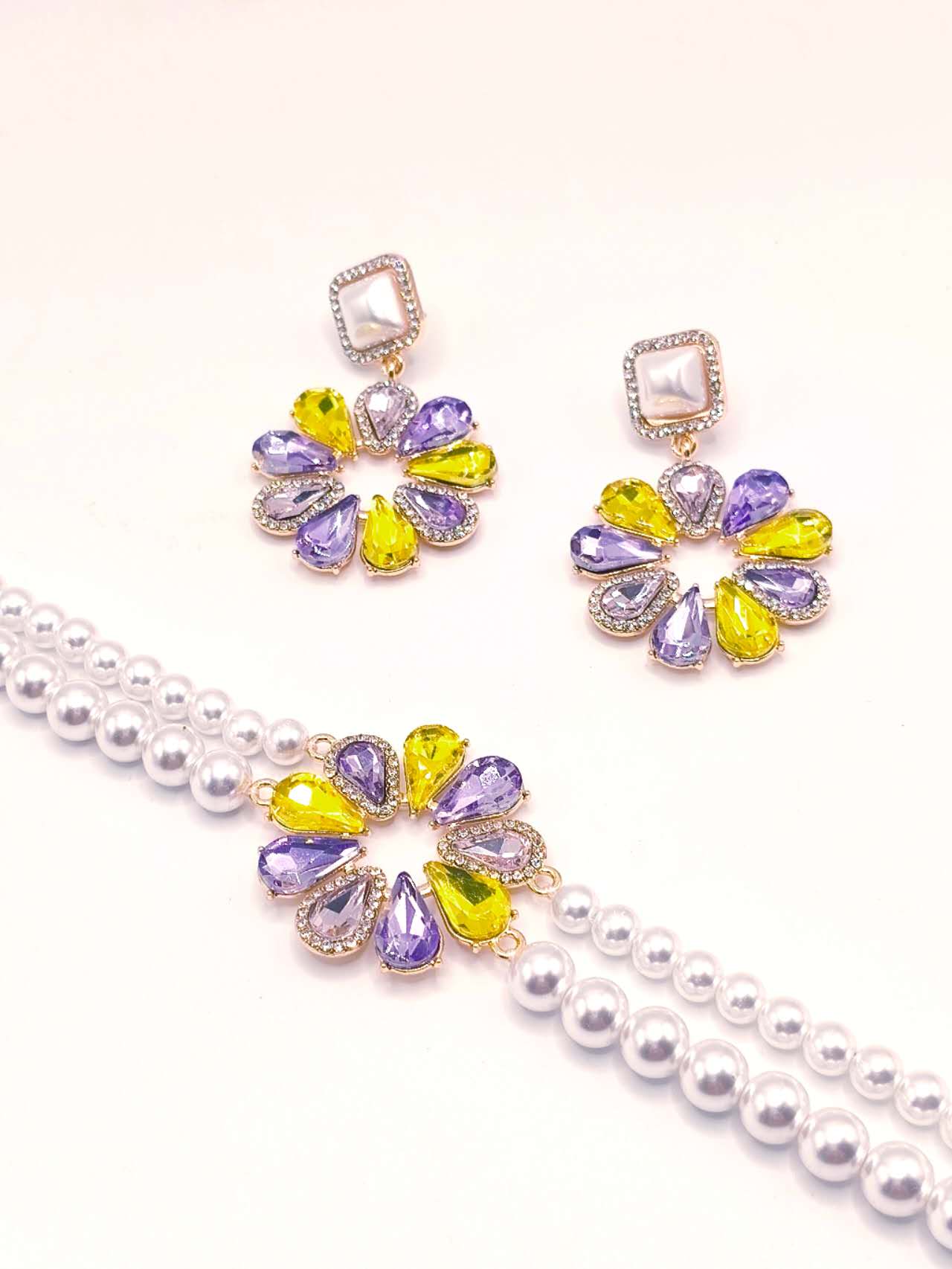 2Pcs Multi Layer Pearl Jewelry Set Colorful Cubic Zirconia Flower Statement Necklace Drop Earrings Wedding Bridal Gift