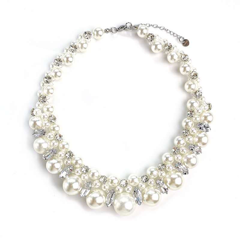 Chunky Gradient Faux Pearl Choker Necklace Inlaid Shiny Cubic Zirconia Crystal Adjustable Chain Women Wedding Party Jewelry