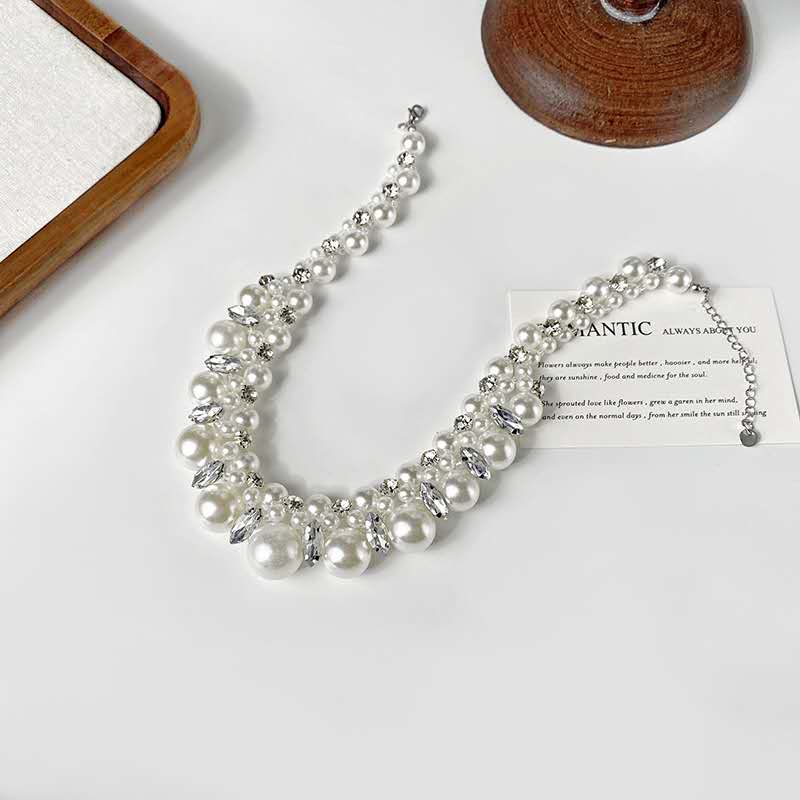 Chunky Gradient Faux Pearl Choker Necklace Inlaid Shiny Cubic Zirconia Crystal Adjustable Chain Women Wedding Party Jewelry
