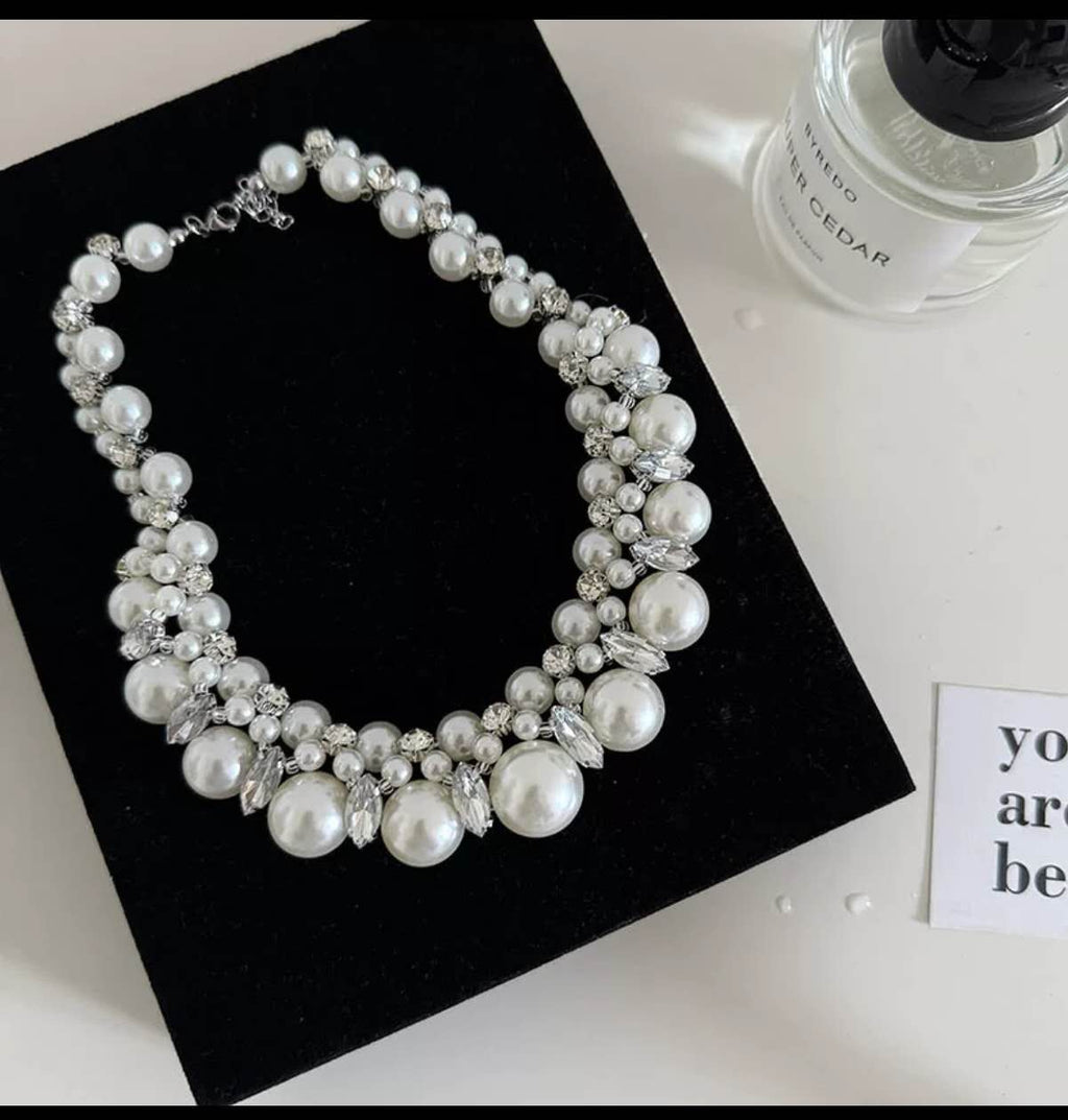 Chunky Gradient Faux Pearl Choker Necklace Inlaid Shiny Cubic Zirconia Crystal Adjustable Chain Women Wedding Party Jewelry