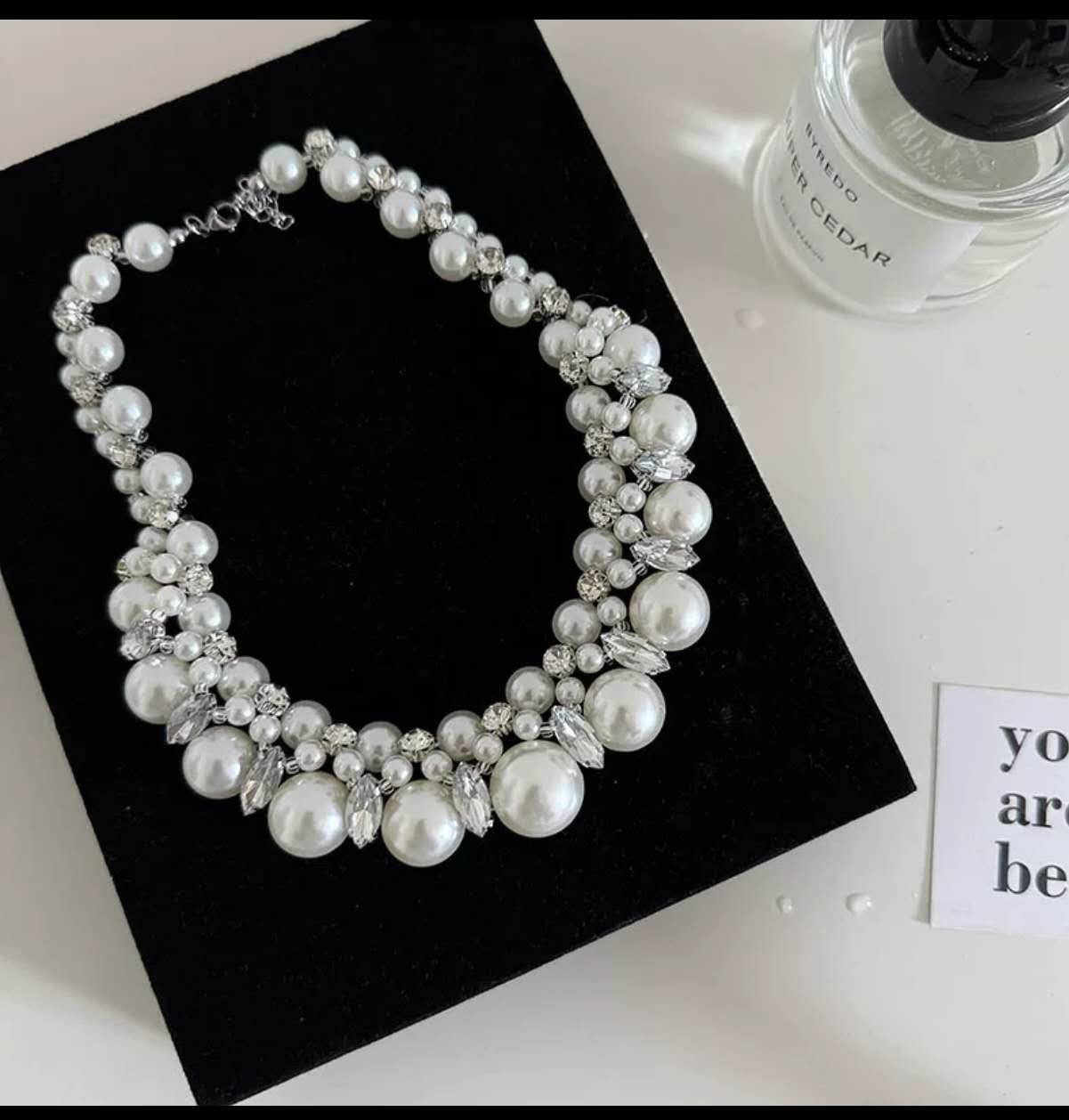 Chunky Gradient Faux Pearl Choker Necklace Inlaid Shiny Cubic Zirconia Crystal Adjustable Chain Women Wedding Party Jewelry
