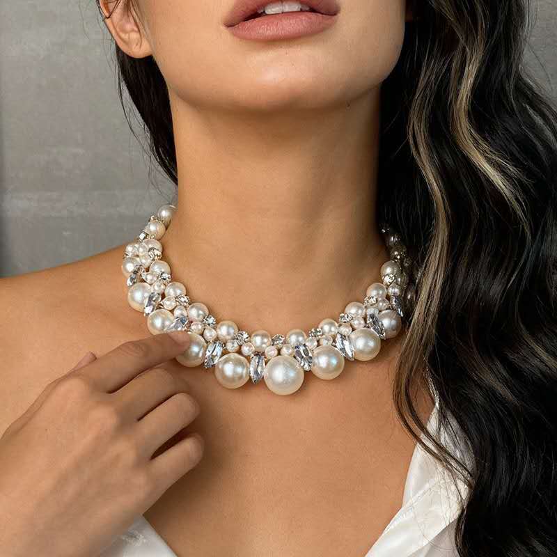 Chunky Gradient Faux Pearl Choker Necklace Inlaid Shiny Cubic Zirconia Crystal Adjustable Chain Women Wedding Party Jewelry