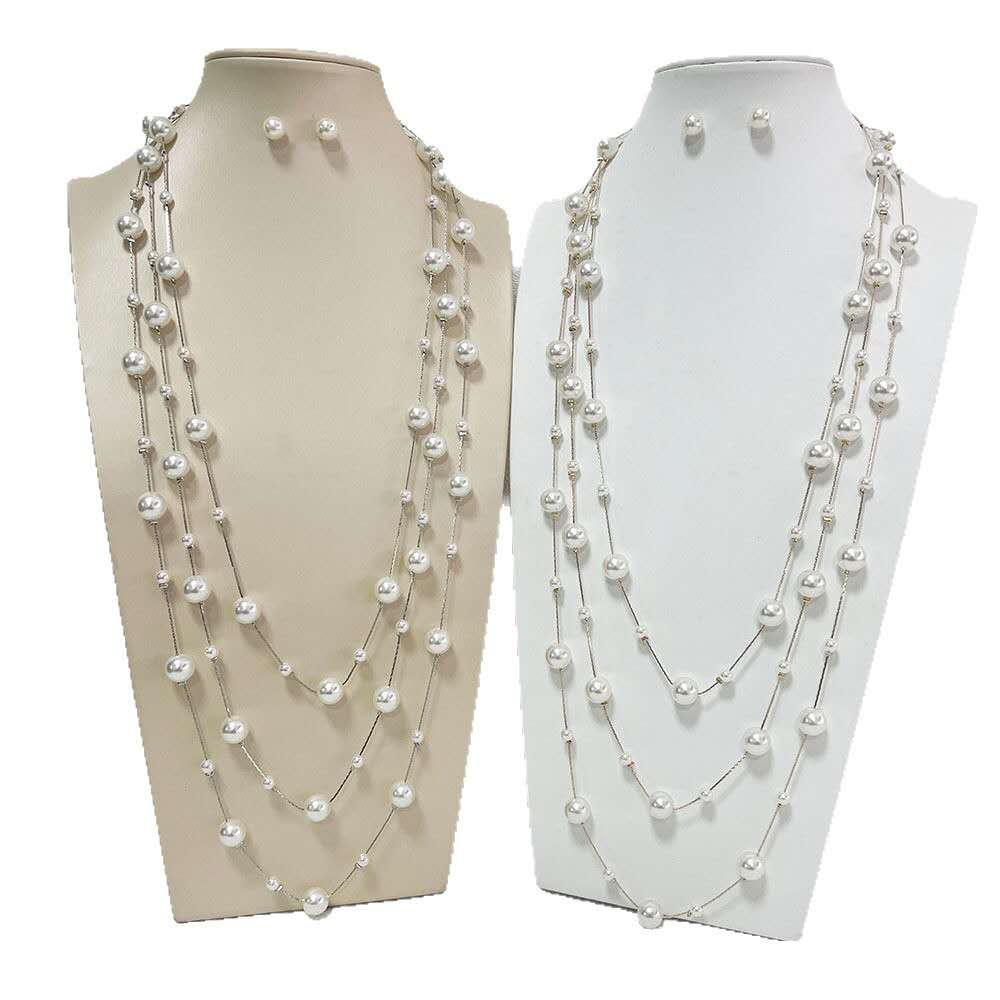 Multi Strand Gradient Floating Pearl Long Necklace & Matching Stud Earrings Gold Plated Adjustable Extension Chain Women Jewelry Kit