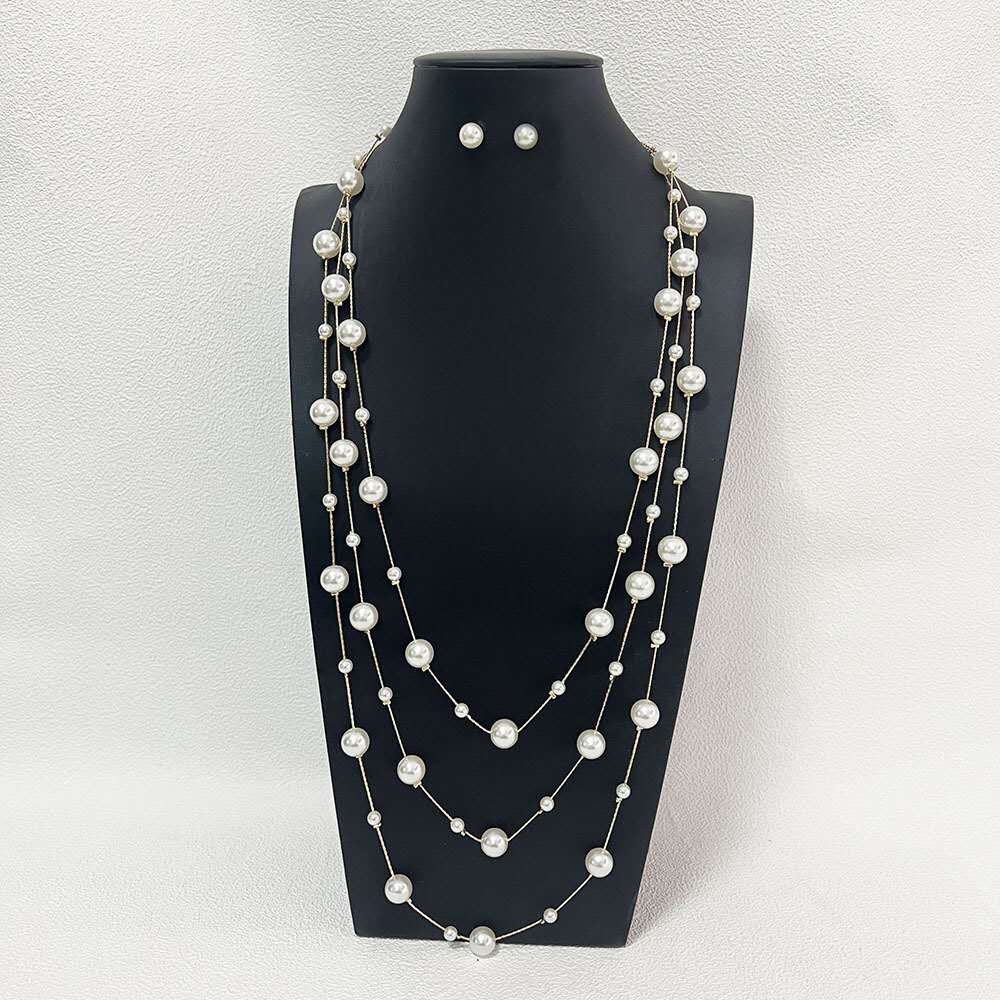Multi Strand Gradient Floating Pearl Long Necklace & Matching Stud Earrings Gold Plated Adjustable Extension Chain Women Jewelry Kit