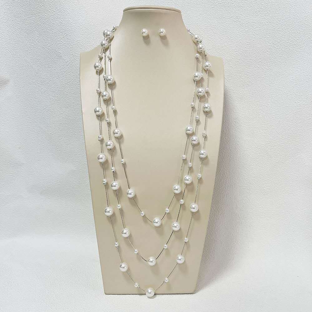 Multi Strand Gradient Floating Pearl Long Necklace & Matching Stud Earrings Gold Plated Adjustable Extension Chain Women Jewelry Kit