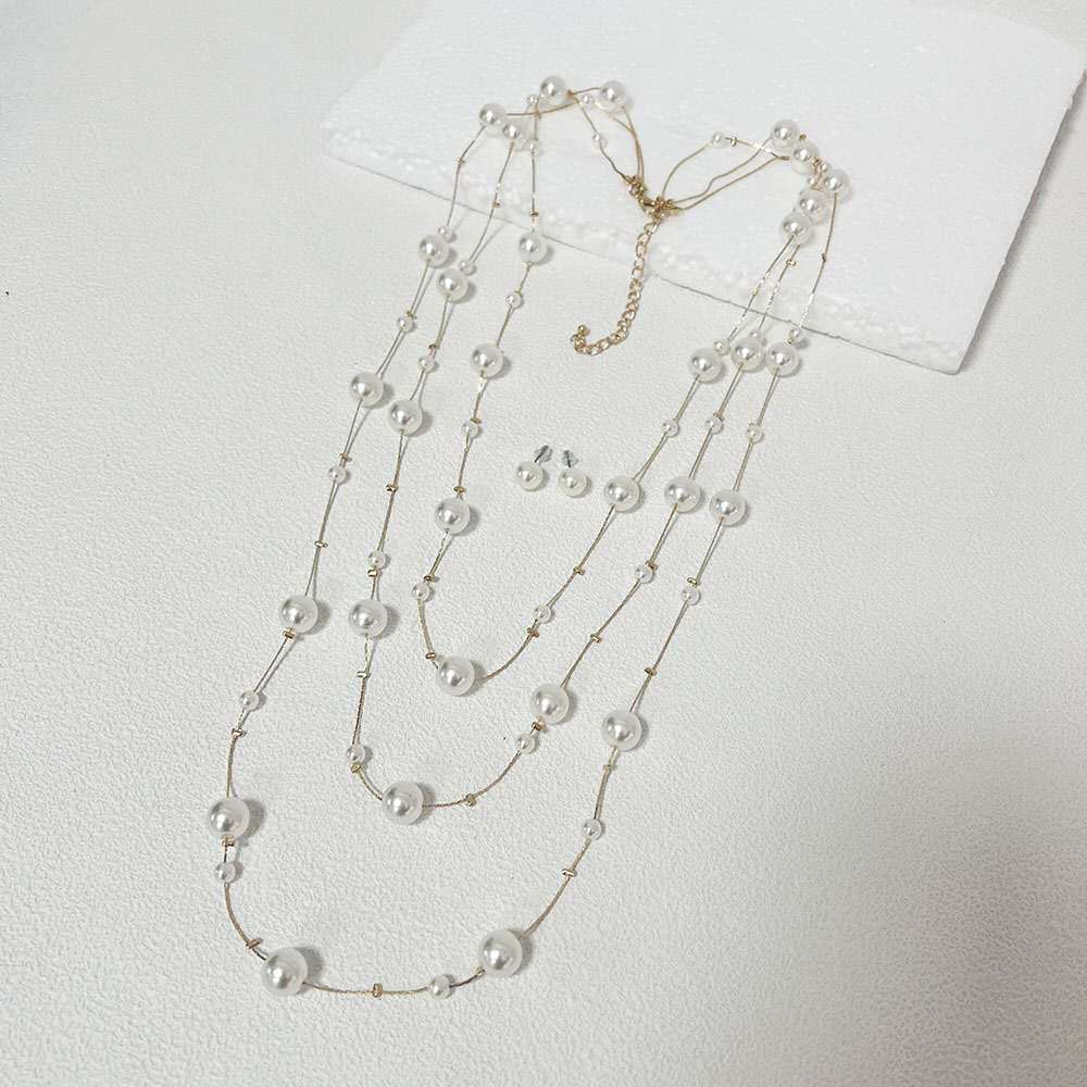 Multi Strand Gradient Floating Pearl Long Necklace & Matching Stud Earrings Gold Plated Adjustable Extension Chain Women Jewelry Kit