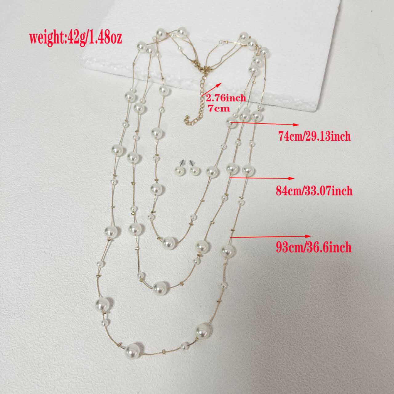 Multi Strand Gradient Floating Pearl Long Necklace & Matching Stud Earrings Gold Plated Adjustable Extension Chain Women Jewelry Kit