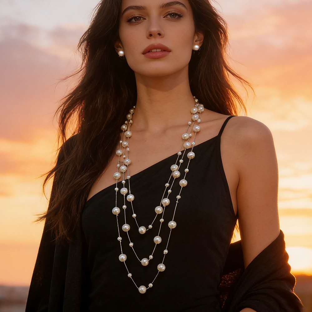 Multi Strand Gradient Floating Pearl Long Necklace & Matching Stud Earrings Gold Plated Adjustable Extension Chain Women Jewelry Kit