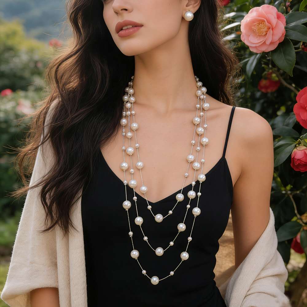 Multi Strand Gradient Floating Pearl Long Necklace & Matching Stud Earrings Gold Plated Adjustable Extension Chain Women Jewelry Kit