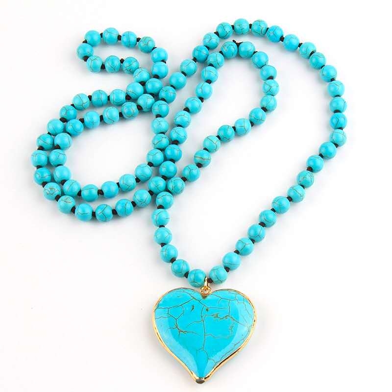 Necklace of natural turquiose stone heart shaped long 88 cm and beads of 10 mm