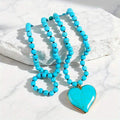 Necklace of natural turquiose stone heart shaped long 88 cm and beads of 10 mm