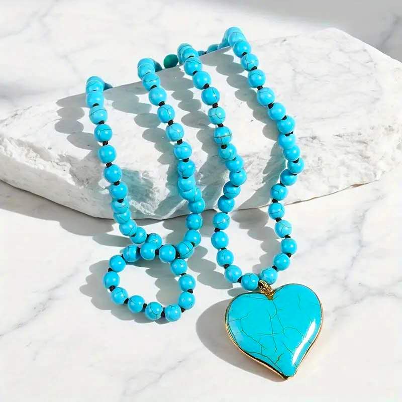 Necklace of natural turquiose stone heart shaped long 88 cm and beads of 10 mm
