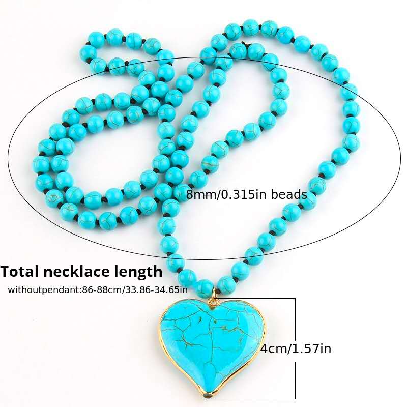 Necklace of natural turquiose stone heart shaped long 88 cm and beads of 10 mm