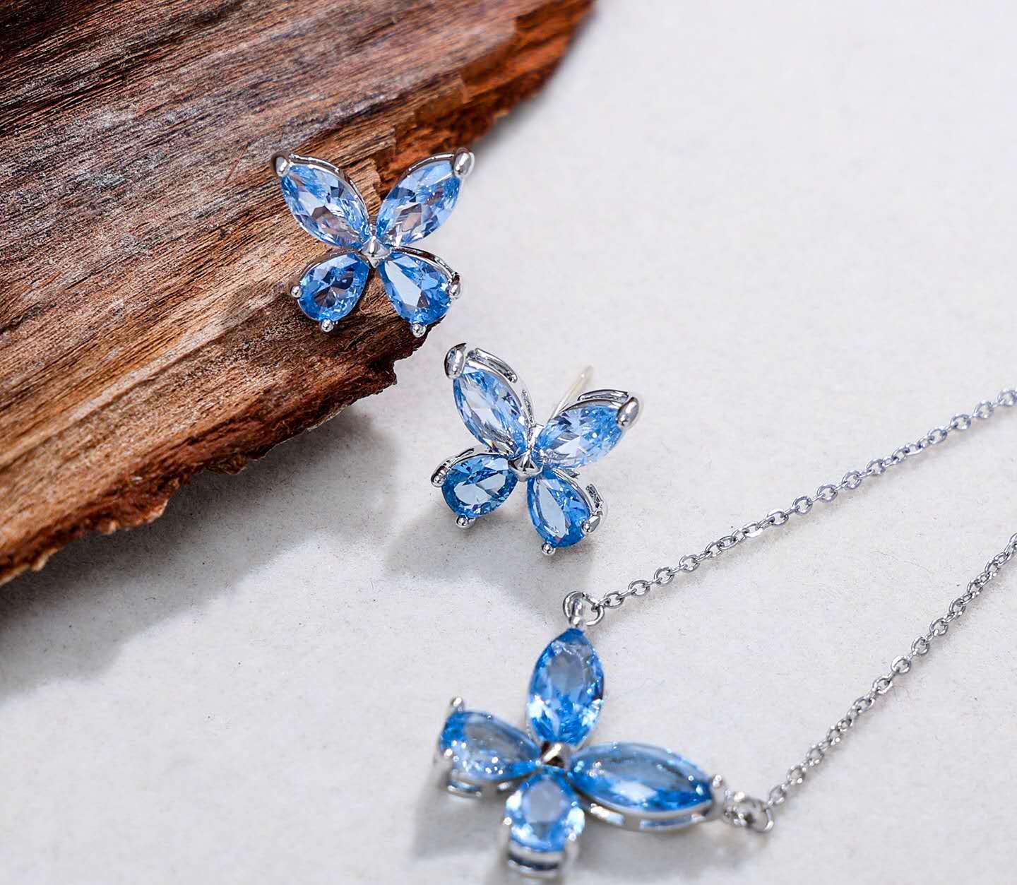 Silver Stainless Steel AAA Cubic Zirconia Butterfly Jewelry Set Necklace Stud Earrings Women Gift