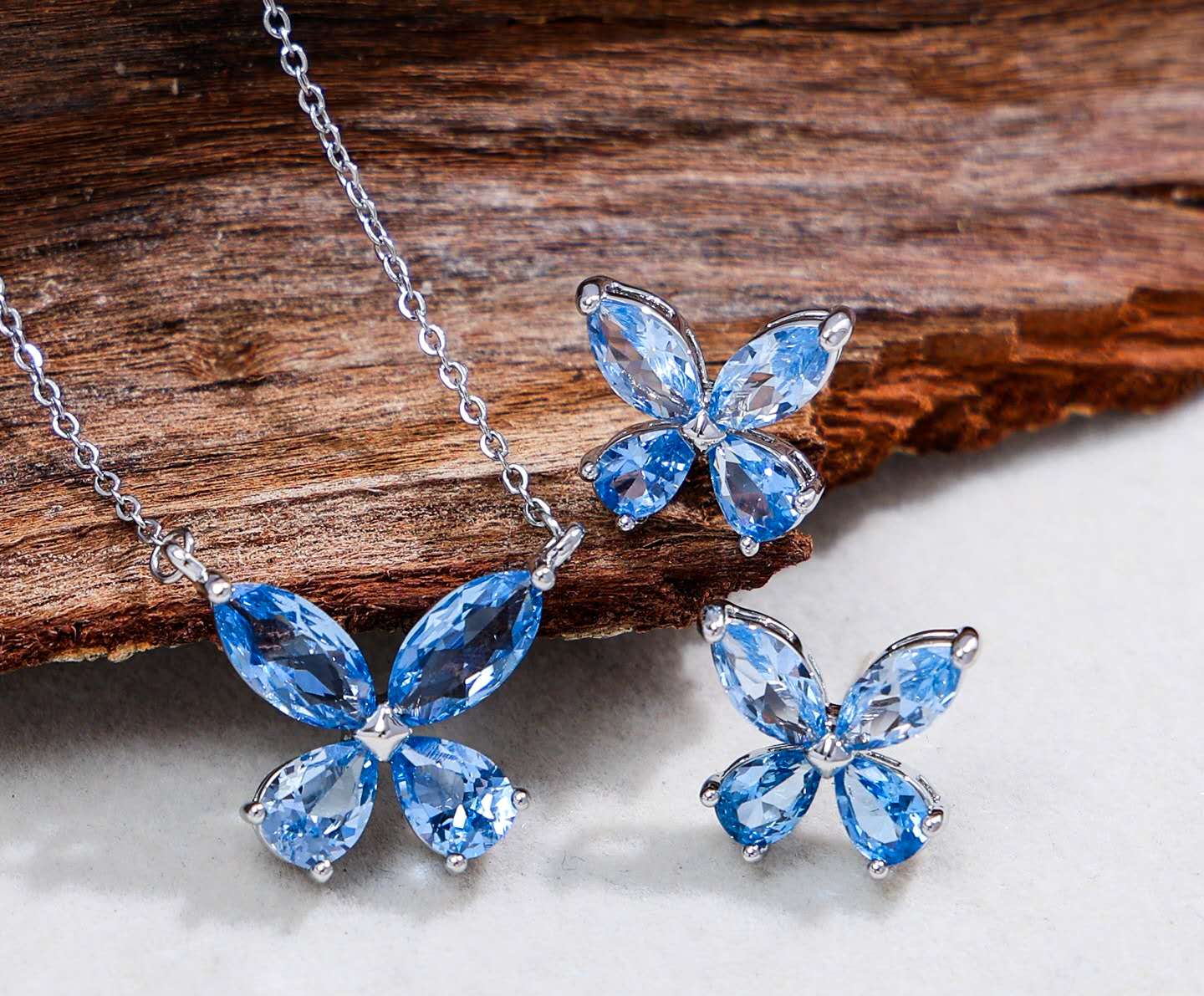 Silver Stainless Steel AAA Cubic Zirconia Butterfly Jewelry Set Necklace Stud Earrings Women Gift